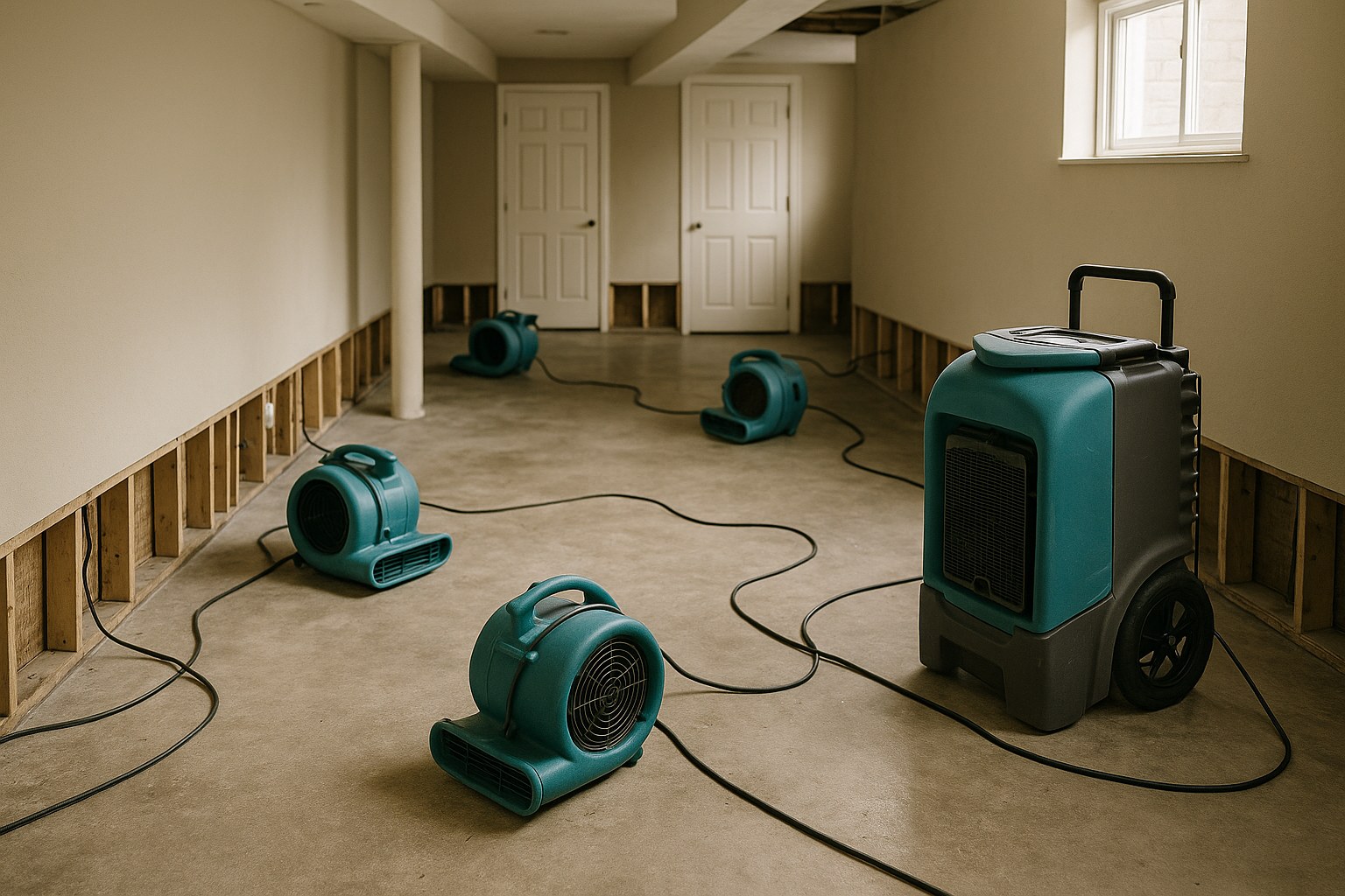A home interior undergoing professional restoration in Cincinnati, OH showing professional drying equipment
