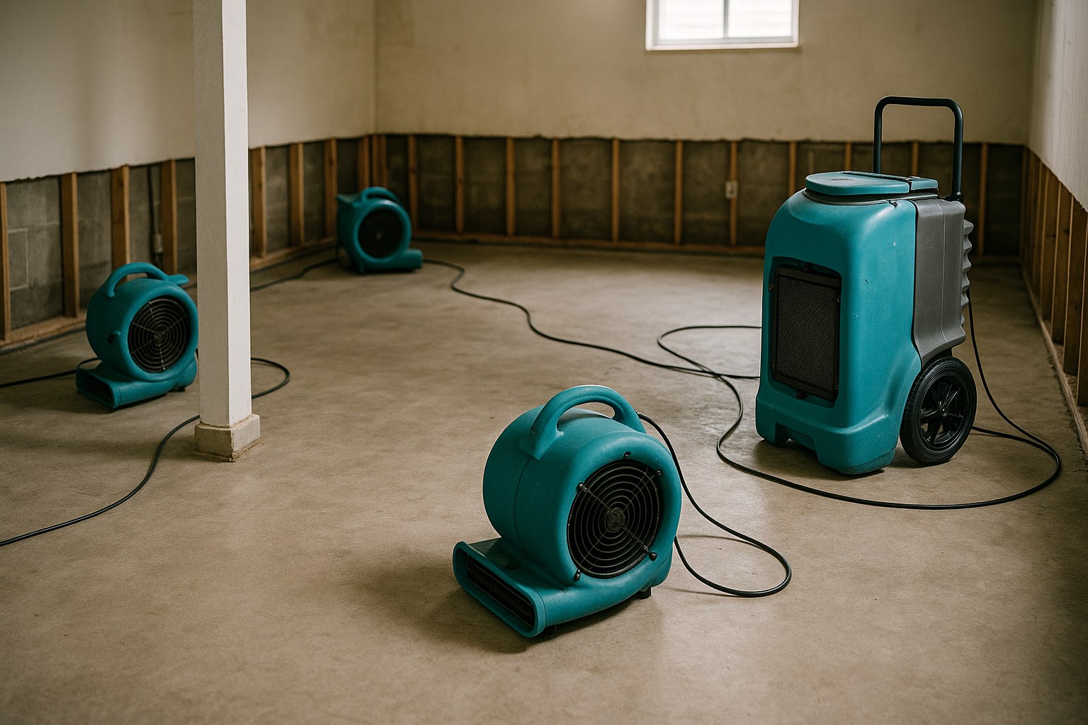 A home interior undergoing professional restoration in Cincinnati, OH showing professional drying equipment