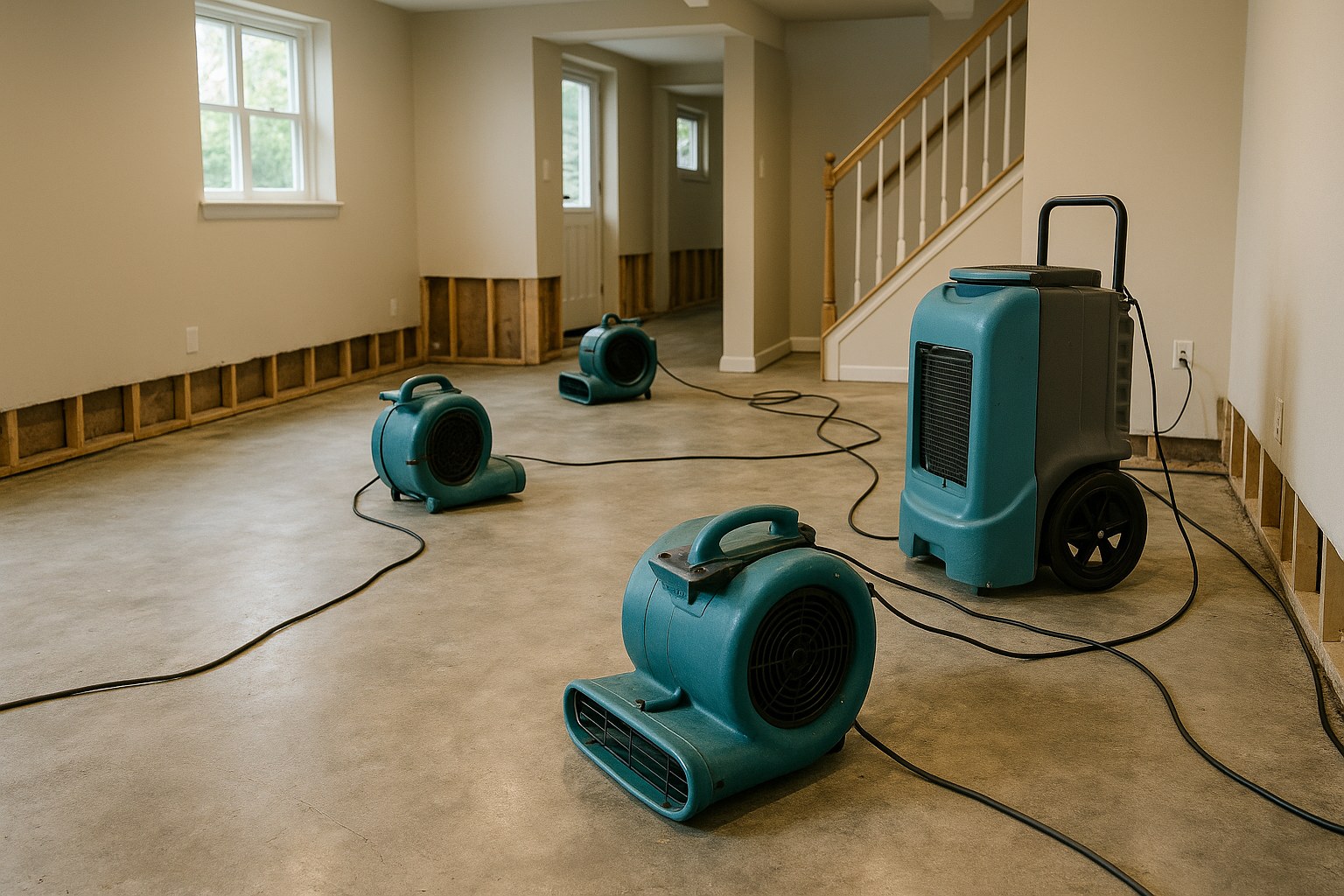 A home interior undergoing professional restoration in Cincinnati, OH showing professional drying equipment